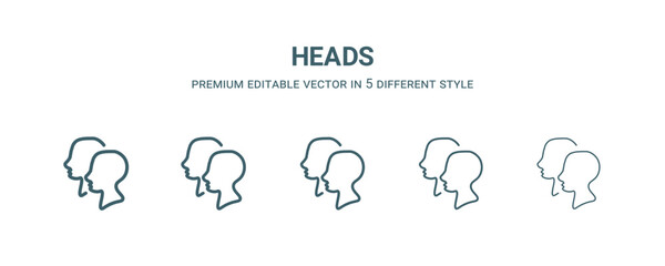 heads icon in 5 different style. Thin, light, regular, bold, black heads icon isolated on white background.