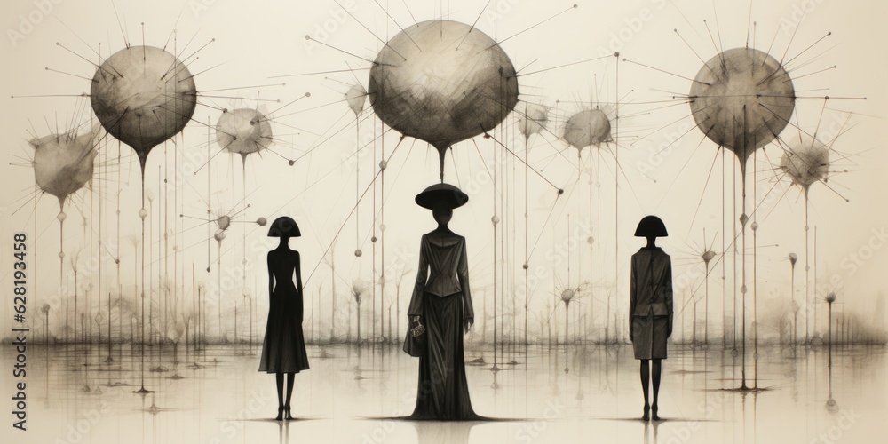 Poster a group of people standing in front of a group of umbrellas. digital image.