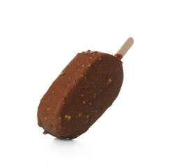 Delicious chocolate covered ice cream on stick against white background