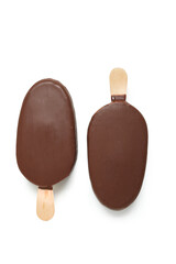 Delicious chocolate covered ice cream on stick against white background