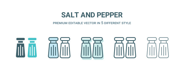 salt and pepper icon in 5 different style. Outline, filled, two color, thin salt and pepper icon isolated on white background. Editable vector can be used web and mobile