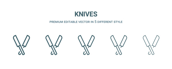 knives icon in 5 different style. Thin, light, regular, bold, black knives icon isolated on white background. Editable vector