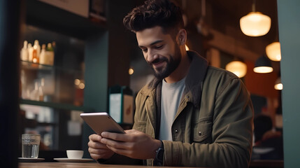 A man is using his tablet while seated in a coffee shop