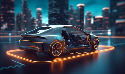 EV electric car system. futuristic car in night with morden light smart city, Generative AI - obrazy, fototapety, plakaty