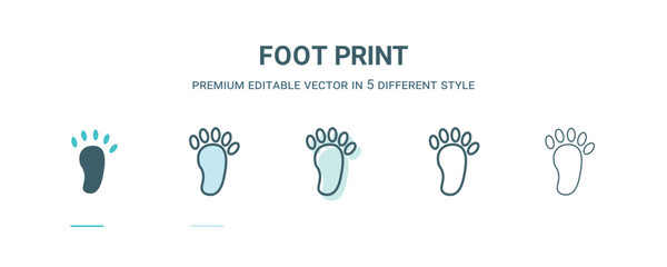 foot print icon in 5 different style. Outline, filled, two color, thin foot print icon isolated on white background. Editable vector can be used web and mobile