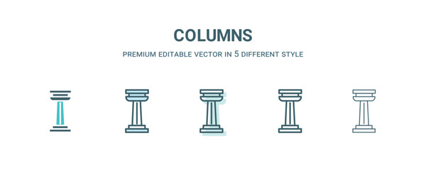 columns icon in 5 different style. Outline, filled, two color, thin columns icon isolated on white background. Editable vector can be used web and mobile