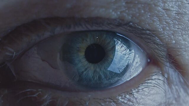 Extreme close-up of human eye. Watching concept. Watcher, observer. Blue iris. Loop, looping video. Wrinkled skin. Reflection in the eye. Cinematic video. Slow motion. Soft light. Cold color.