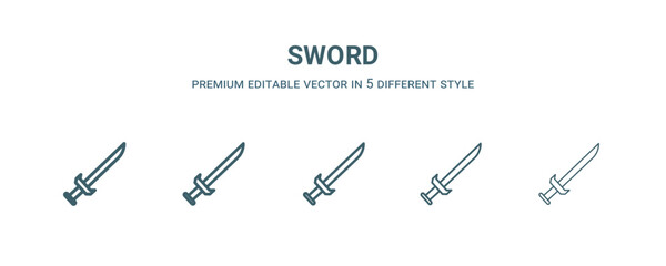 sword icon in 5 different style. Thin, light, regular, bold, black sword icon isolated on white background. Editable vector
