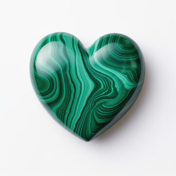 A green malachite stone heart on a white surface.