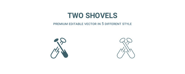 two shovels icon. Thin line two shovels icon from construction collection. Outline vector isolated on white background. Editable two shovels symbol can be used web and mobile