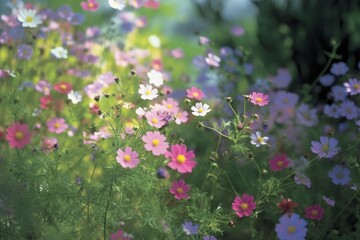 Field of colorful blooming cosmos flower in spring on morning Created with Generative AI technology.