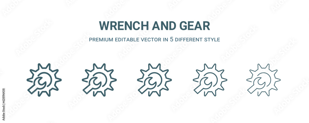 Sticker wrench and gear icon in 5 different style.Thin, light, regular, bold, black wrench and gear icon isolated on white background. Editable vector