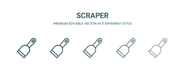 scraper icon in 5 different style.Thin, light, regular, bold, black scraper icon isolated on white background. Editable vector