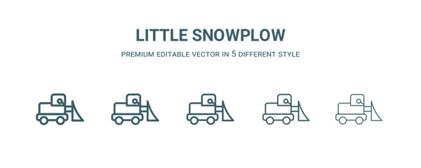 little snowplow icon in 5 different style.Thin, light, regular, bold, black little snowplow icon isolated on white background. Editable vector