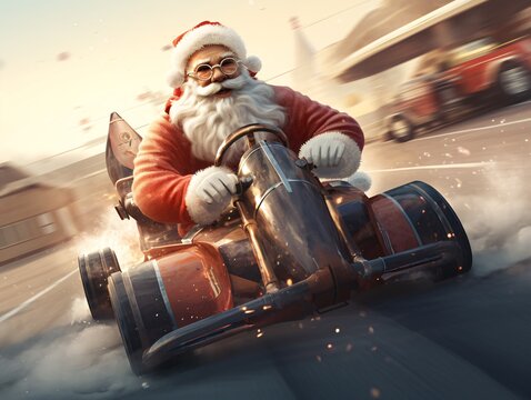 Festive Speedster: Santa Claus Embracing Thrilling Adventures as a Professional Go-Kart Racer.