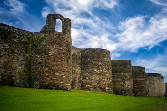 Part of the impressive and well-preserved Roman wall of Lugo, Galicia, Spain