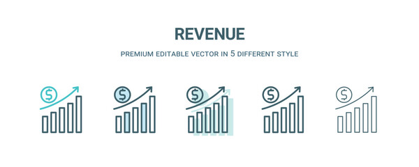 revenue icon in 5 different style. Outline, filled, two color, thin revenue icon isolated on white background. Editable vector can be used web and mobile