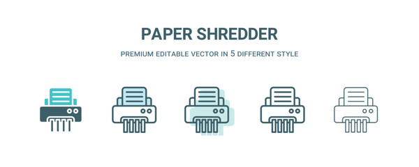 paper shredder icon in 5 different style. Outline, filled, two color, thin paper shredder icon isolated on white background. Editable vector can be used web and mobile