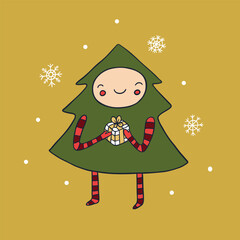 Christmas tree holding gift box flat color vector character