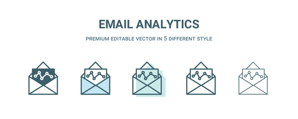 email analytics icon in 5 different style. Outline, filled, two color, thin email analytics icon isolated on white background. Editable vector can be used web and mobile