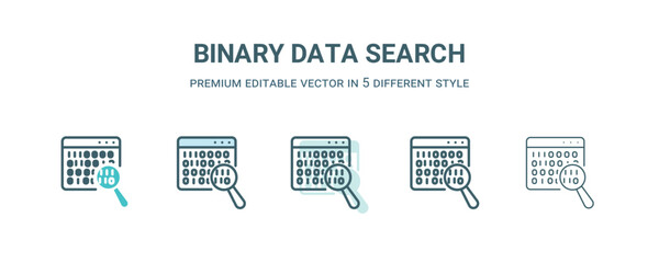 binary data search icon in 5 different style. Outline, filled, two color, thin binary data search icon isolated on white background. Editable vector can be used web and mobile