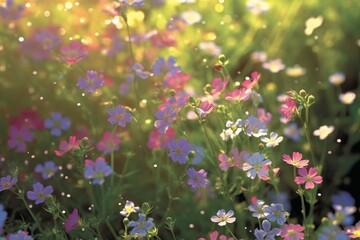 Field of colorful blooming cosmos flower in spring on morning Created with Generative AI technology.