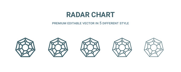 radar chart icon in 5 different style. Thin, light, regular, bold, black radar chart icon isolated on white background. Editable vector