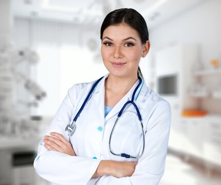 Doctor woman posing in hospital, medicine concept, AI generated image