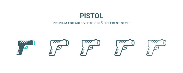 pistol icon in 5 different style. Outline, filled, two color, thin pistol icon isolated on white background. Editable vector can be used web and mobile