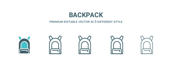 backpack icon in 5 different style. Outline, filled, two color, thin backpack icon isolated on white background. Editable vector can be used web and mobile
