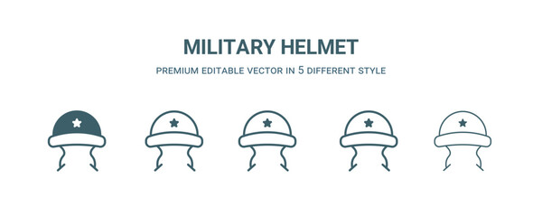 military helmet icon in 5 different style. Outline, filled, two color, thin military helmet icon isolated on white background. Editable vector can be used web and mobile