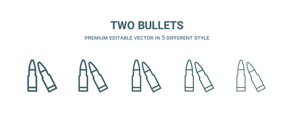 two bullets icon in 5 different style. Thin, light, regular, bold, black two bullets icon isolated on white background.