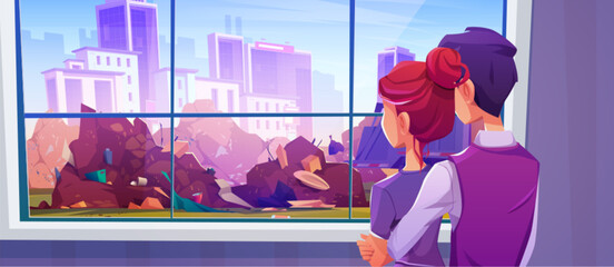 Couple looking at urban landfill through window. Vector cartoon illustration of man and woman hugging in house room, stinky wasteland with piles of unsorted garbage outside, cityscape background