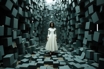 A woman in a white dress standing in a room of cubes.