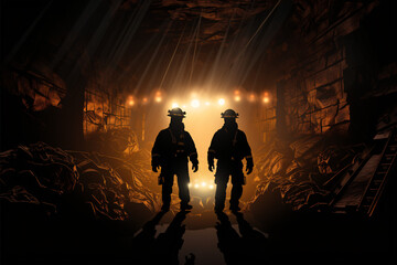 Obraz na płótnie Canvas Silhouette of Miner with headlights entering underground mine