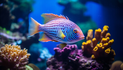 colorful fish close up among coral reef underwater world made with Generative AI