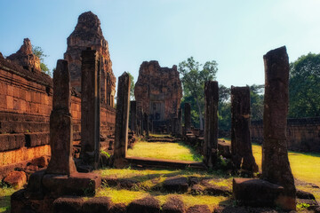 Detailed image illustrating the weathered columns located in the courtyard of the forsaken Hindu temple, Pre Rup.