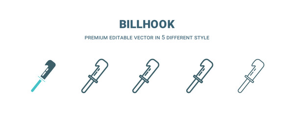 billhook icon in 5 different style. Outline, filled, two color, thin billhook icon isolated on white background. Editable vector can be used web and mobile