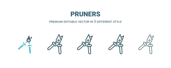 pruners icon in 5 different style. Outline, filled, two color, thin pruners icon isolated on white background. Editable vector can be used web and mobile