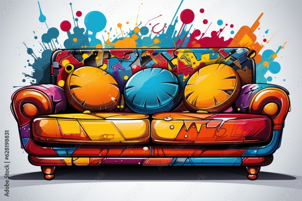 Poster a colorful couch with pillows on top of it. digital image.