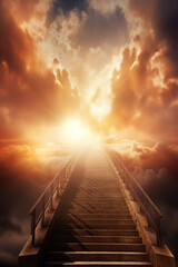 Ascending stairs to the sun background religion wonderful sky the dawn sky born light solar flare up, God is great generative AI technology