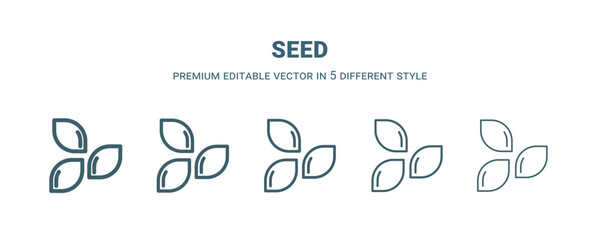 seed icon in 5 different style. Thin, light, regular, bold, black seed icon isolated on white background.