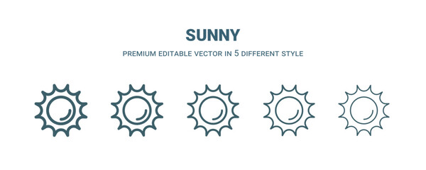sunny icon in 5 different style. Thin, light, regular, bold, black sunny icon isolated on white background.