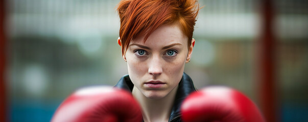 Dynamic female boxer with fierce red hair poised to strike, against a soft-focus boxing ring backdrop. Strong emotive content and impactful composition. Generative AI - obrazy, fototapety, plakaty