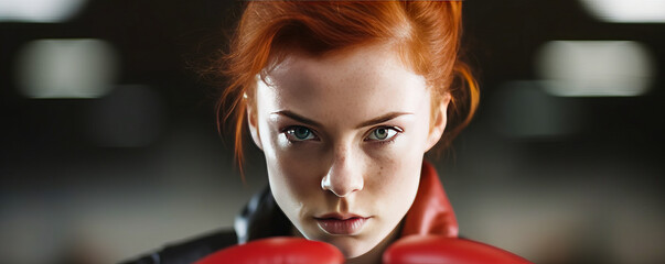 Inspiring, dynamic redhead female boxer in gear, poised for action. Framed sideways with shadowy boxing ring backdrop and space to element. Generative AI - obrazy, fototapety, plakaty