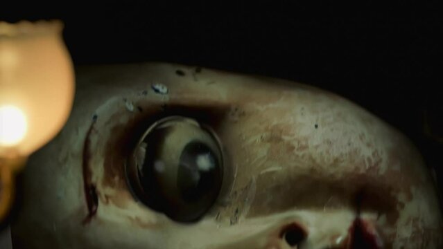 Close-up of giant monster creepy doll in the dark corridor. Fast moving eye. Yokai. Horror, nightmare, Halloween themed video clip. Cinematic sci-fi horror footage. Scary demon creature.