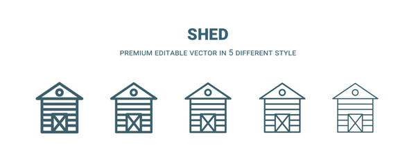 shed icon in 5 different style. Thin, light, regular, bold, black shed icon isolated on white background.