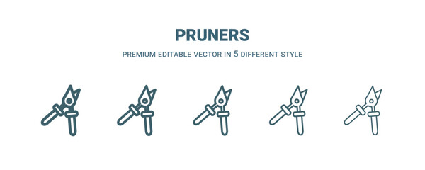 pruners icon in 5 different style. Thin, light, regular, bold, black pruners icon isolated on white background.