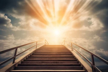 Fototapeten Ascending stairs to the sun background religion wonderful sky the dawn sky born light solar flare up, God is great generative AI technology © MaxSimplify
