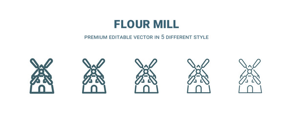 flour mill icon in 5 different style. Thin, light, regular, bold, black flour mill icon isolated on white background. © Abstract